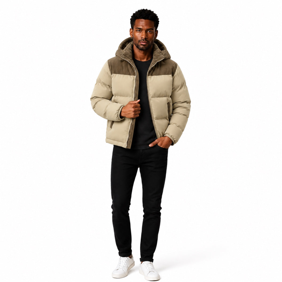 Men’s Hooded Puffer Jacket Corduroy Panel