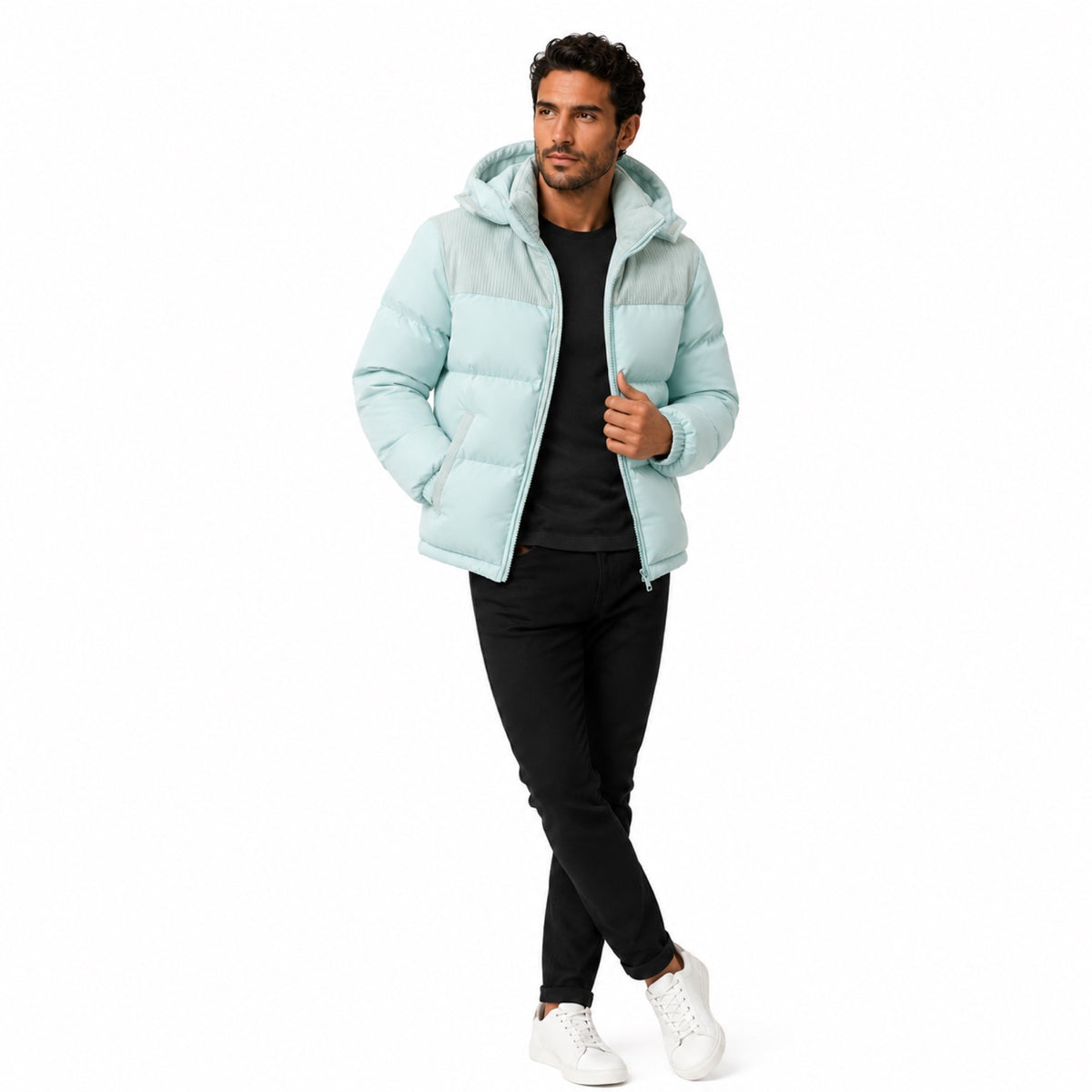 Men’s Hooded Puffer Jacket Corduroy Panel
