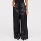 Black satin wide-leg trousers front view
