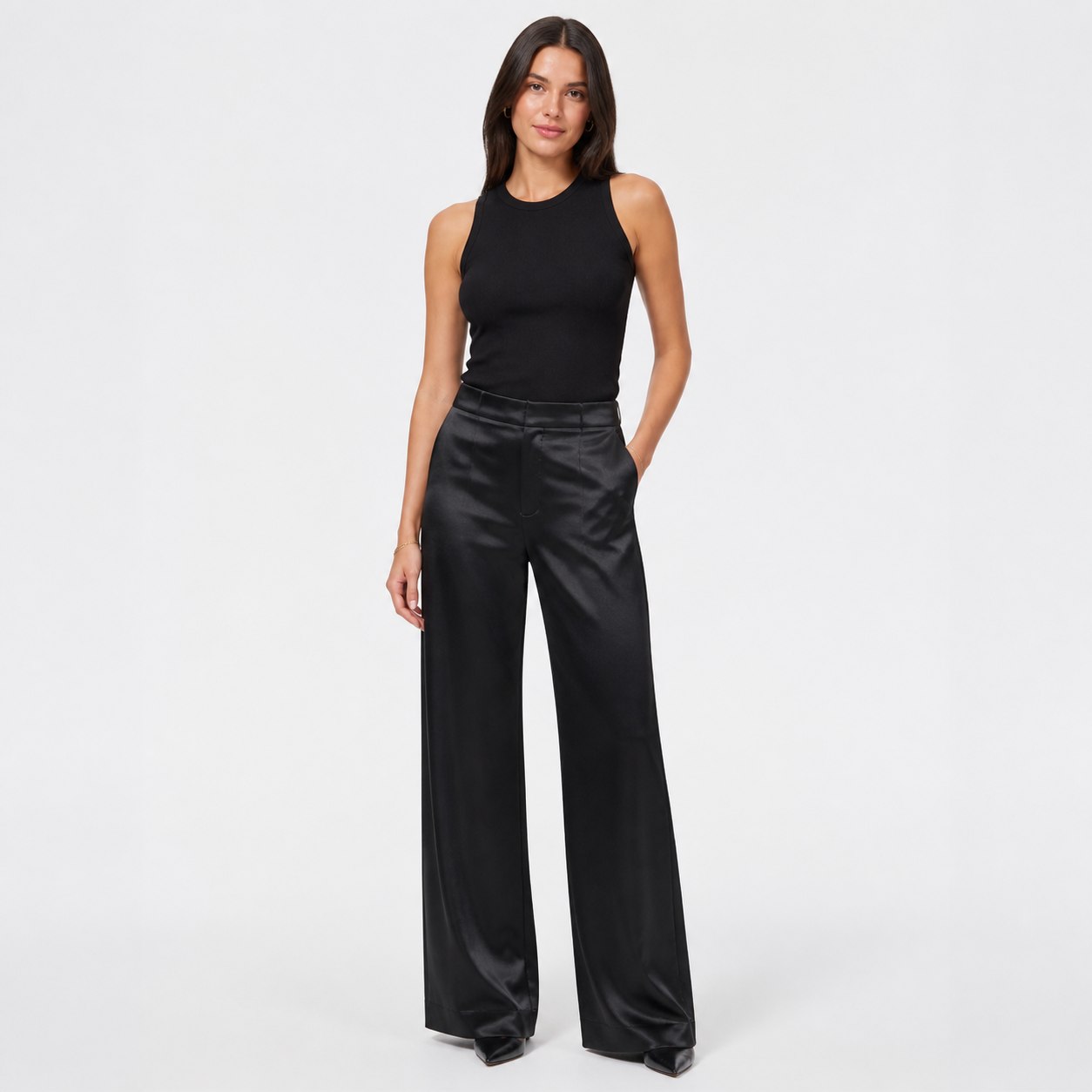 Black satin wide-leg trousers full front view