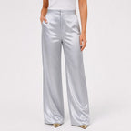 Silvergrey satin wide-leg trousers front view