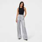 Silvergrey satin wide-leg trousers full front view