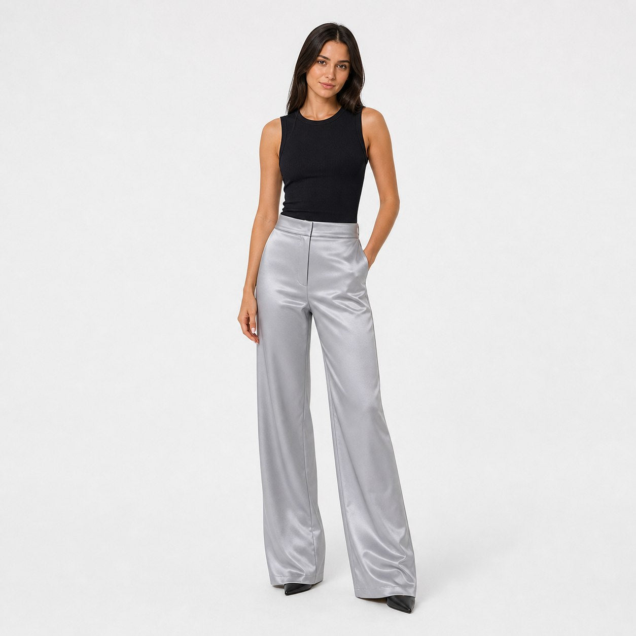 Silvergrey satin wide-leg trousers full front view