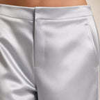 Silvergrey satin wide-leg trousers detail view