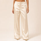 Apricot satin wide-leg trousers front view