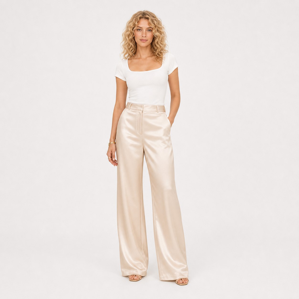 Apricot satin wide-leg trousers full front view