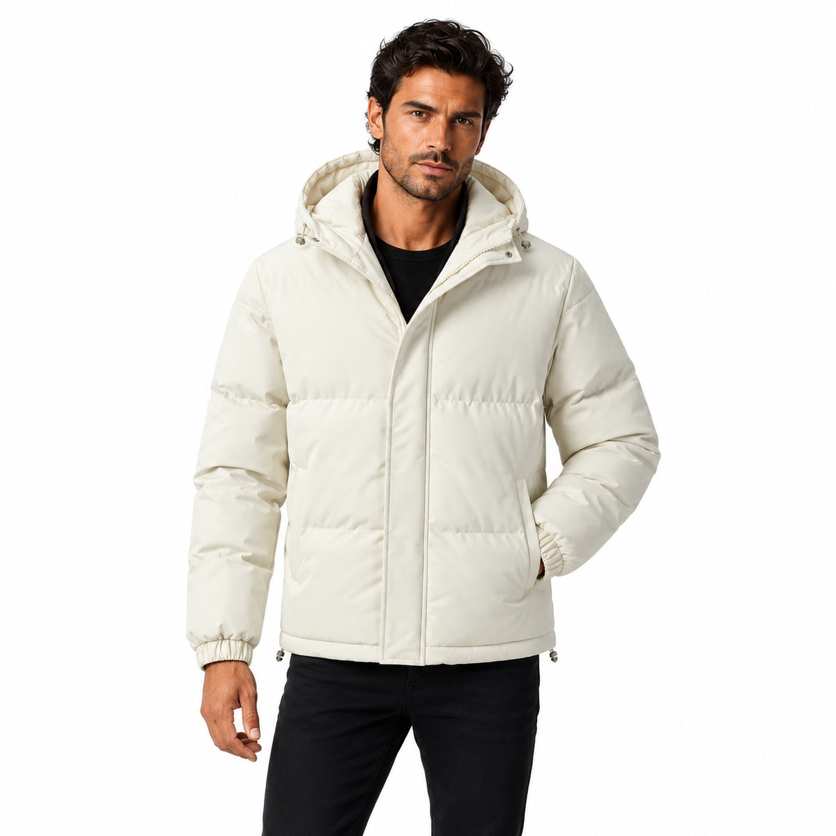 Men's padded hooded jacket in Beige - front view