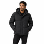 Men's padded hooded jacket in Black - front view
