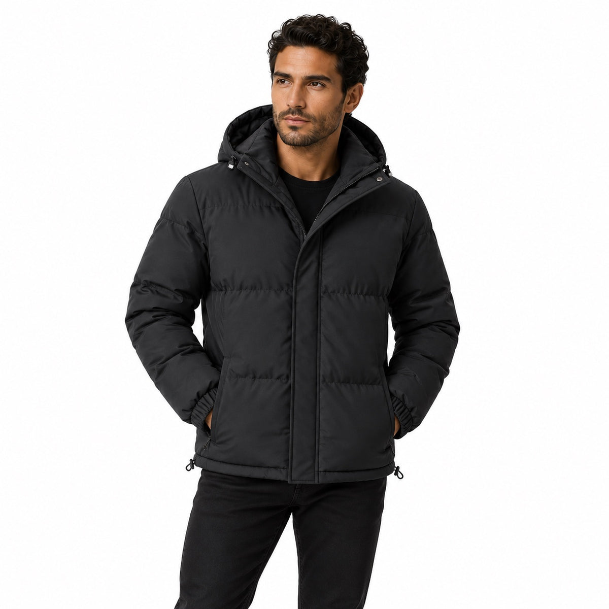 Men's padded hooded jacket in Black - front view