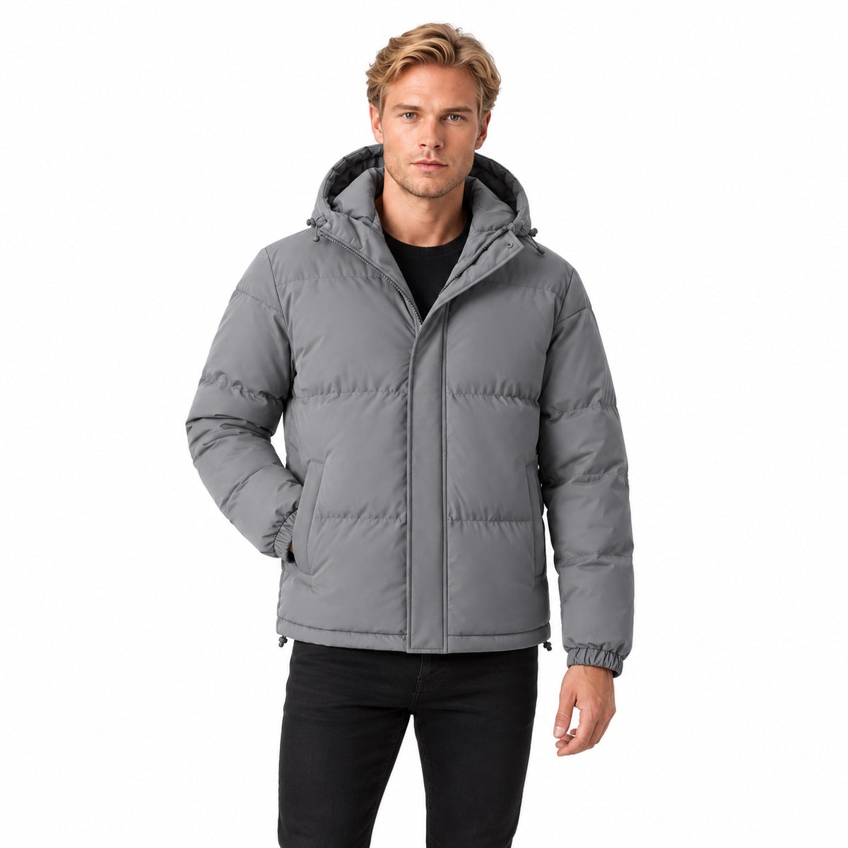 Men's padded hooded jacket in Grey - front view