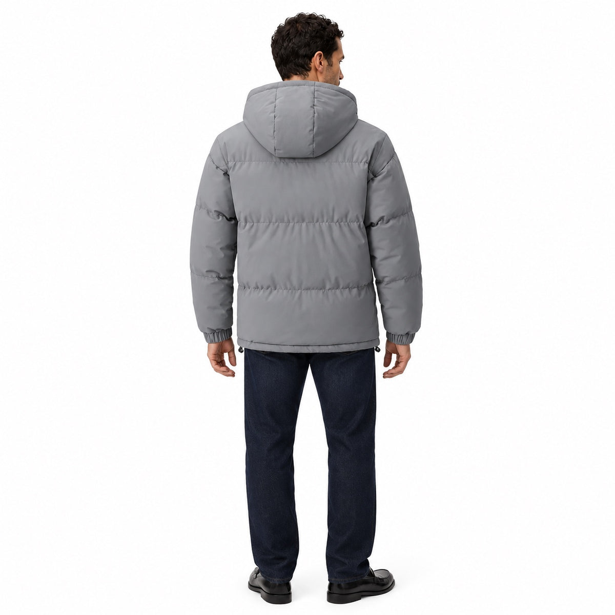 Men's padded hooded jacket in Grey - back view