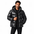 Men's high-shine hooded puffer jacket in Black - front view