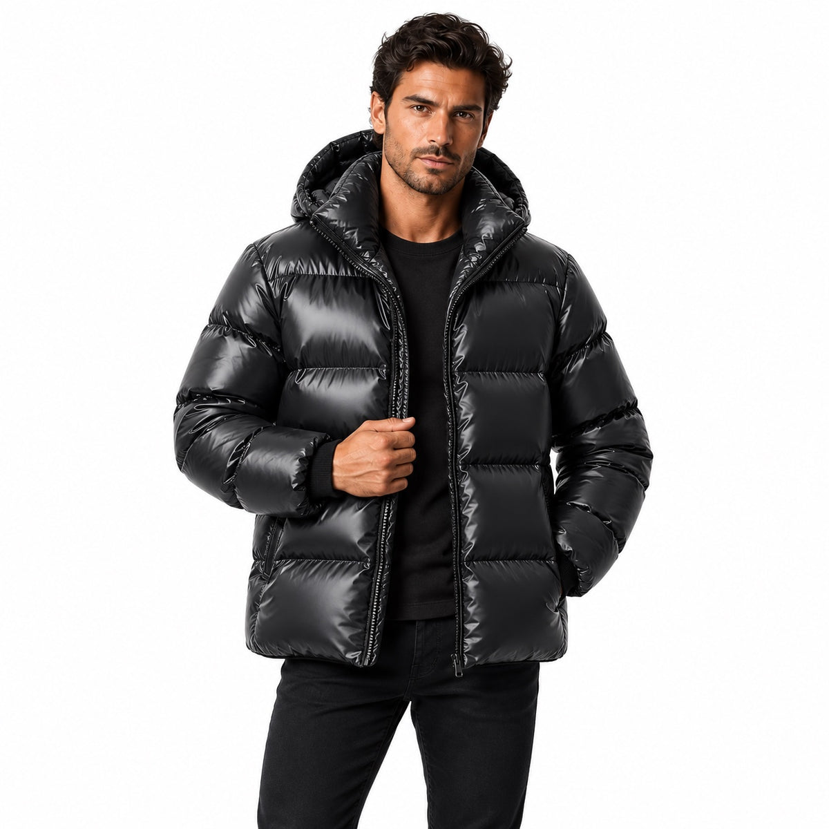 Men's high-shine hooded puffer jacket in Black - front view
