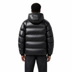 Men's high-shine hooded puffer jacket in Black - back view