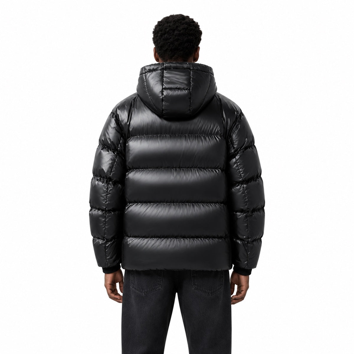 Men's high-shine hooded puffer jacket in Black - back view