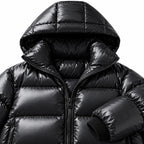 Men's high-shine hooded puffer jacket in Black - detail view