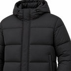 Men's matte hooded puffer jacket in Black - detail view