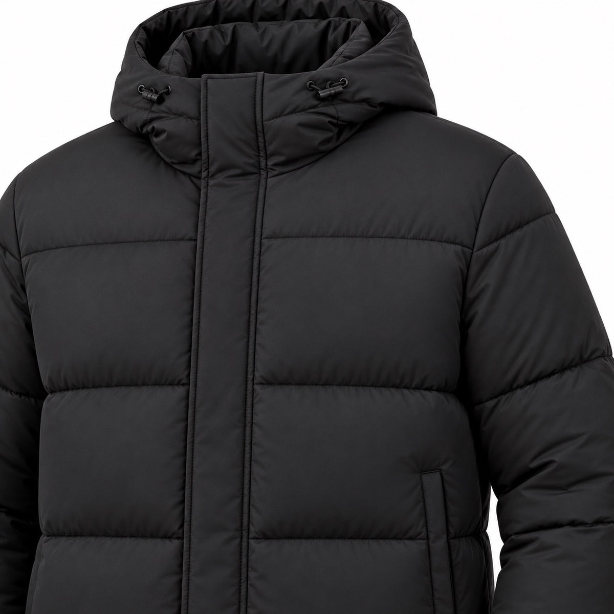 Men's matte hooded puffer jacket in Black - detail view