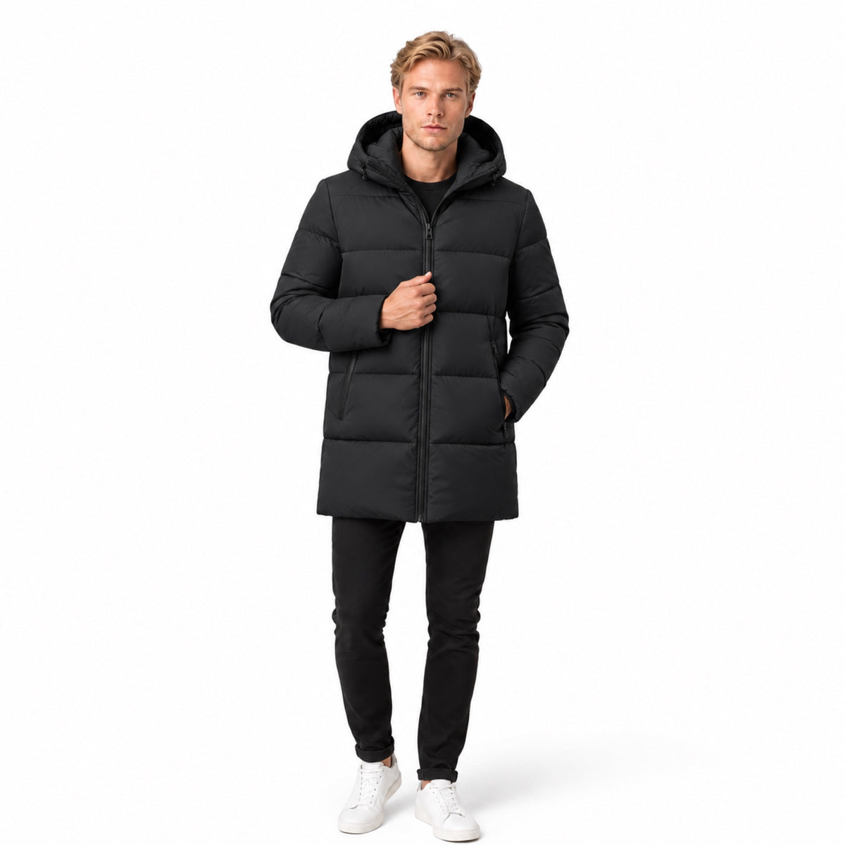 Men's Longline Puffer Jacket Hooded Zip Pockets Regular Fit