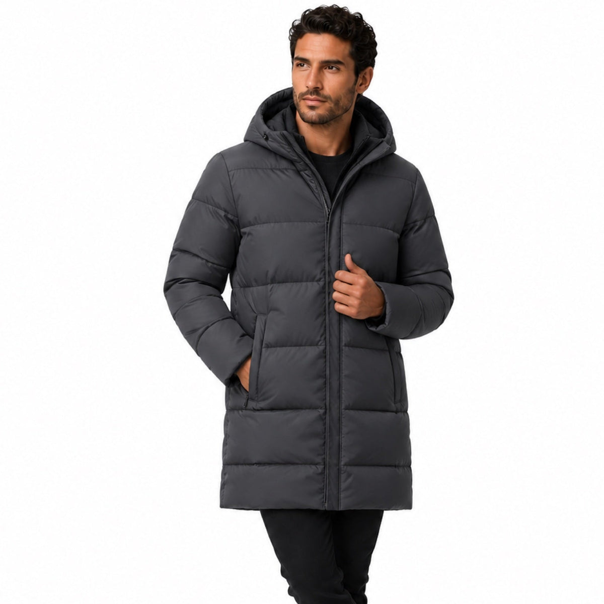 Men's Longline Puffer Jacket Hooded Zip Pockets Regular Fit