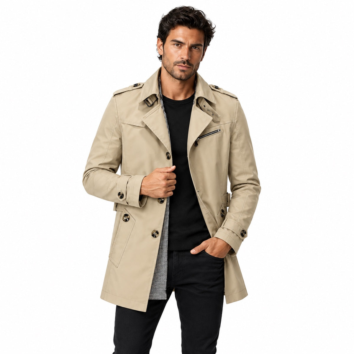 Men's checked-lined trench coat in Khaki - front view