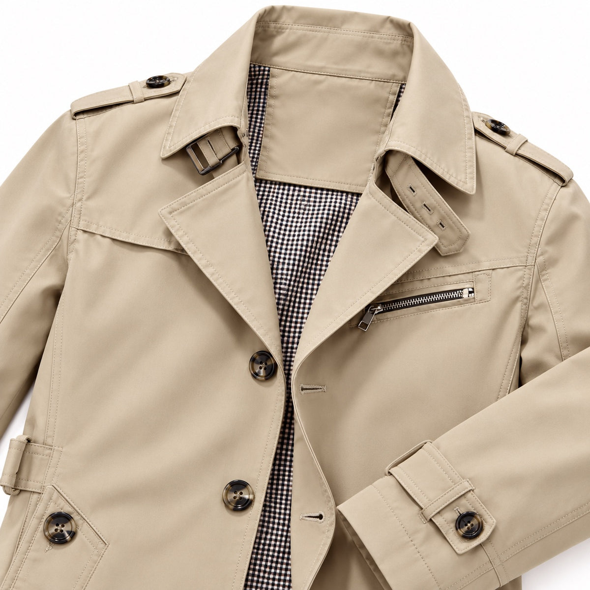Men's checked-lined trench coat in Khaki - detail view