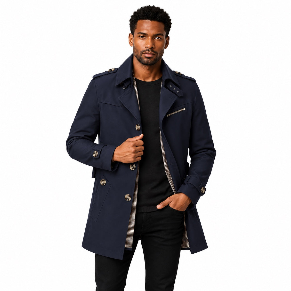 Men's checked-lined trench coat in Dark Blue - front view