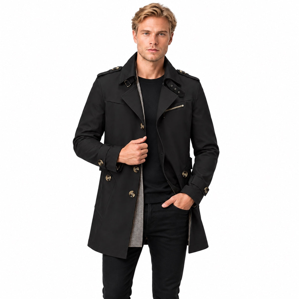 Men's checked-lined trench coat in Black - front view