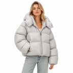 Women's glossy puffer jacket in Light Grey - front view