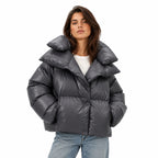 Women's glossy puffer jacket in Dark Grey - front view