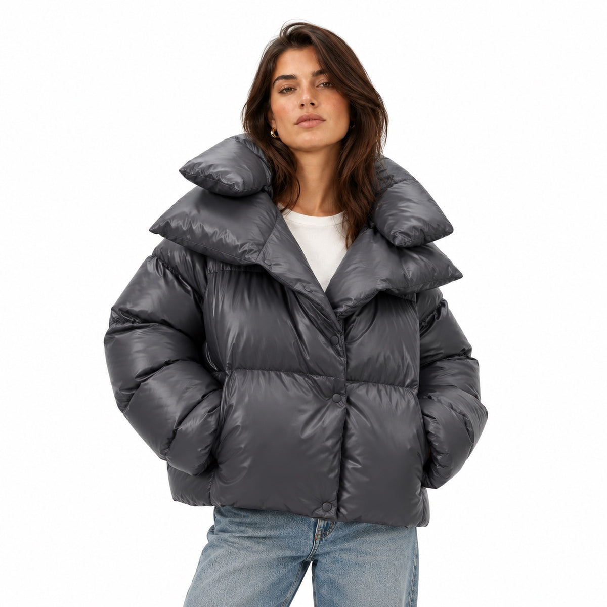 Women's glossy puffer jacket in Dark Grey - front view
