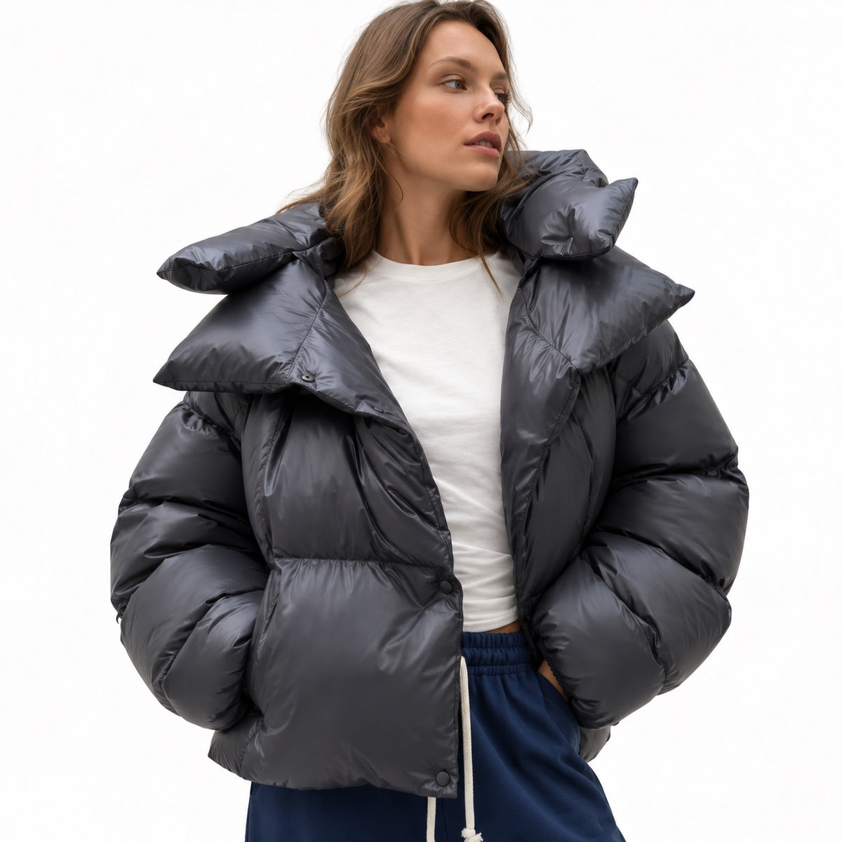 Women's glossy puffer jacket in Dark Grey - detail view