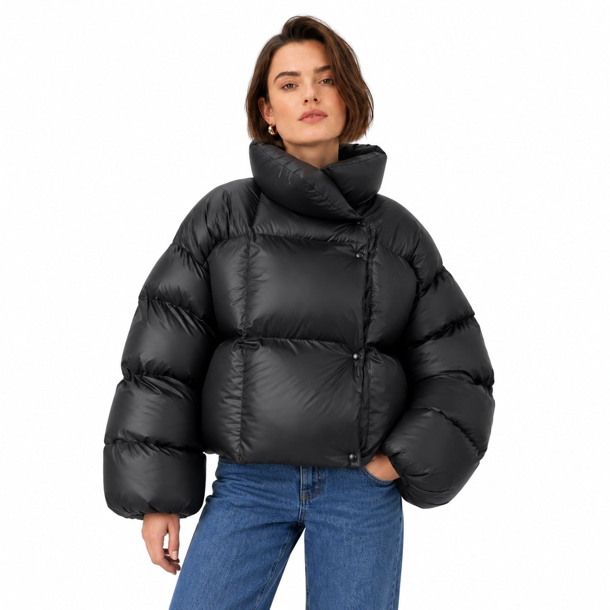 Women's glossy puffer jacket in Black - front view