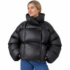 Women's glossy puffer jacket in Black - detail view