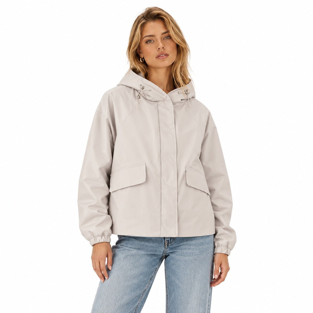 Women's hooded utility jacket in Apricot - front view