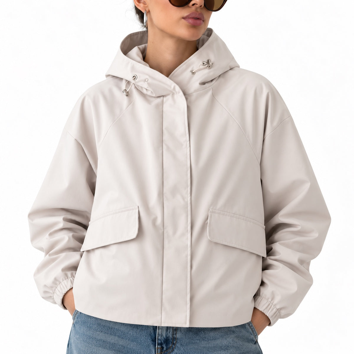 Women's hooded utility jacket in Apricot - detail view