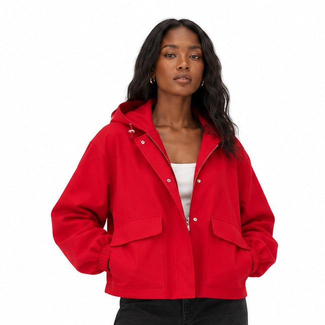 Women's hooded utility jacket in Red - front view