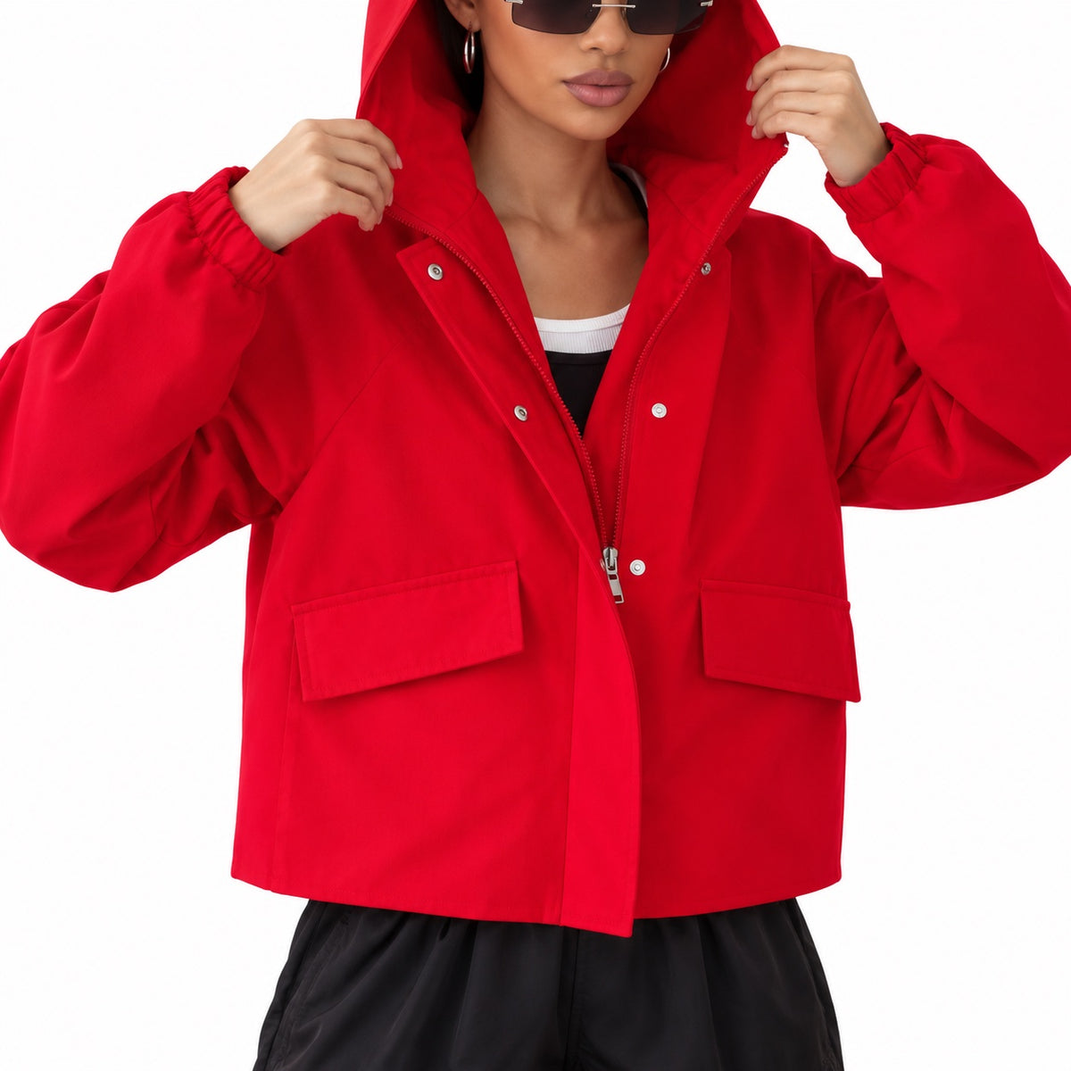 Women's hooded utility jacket in Red - detail view