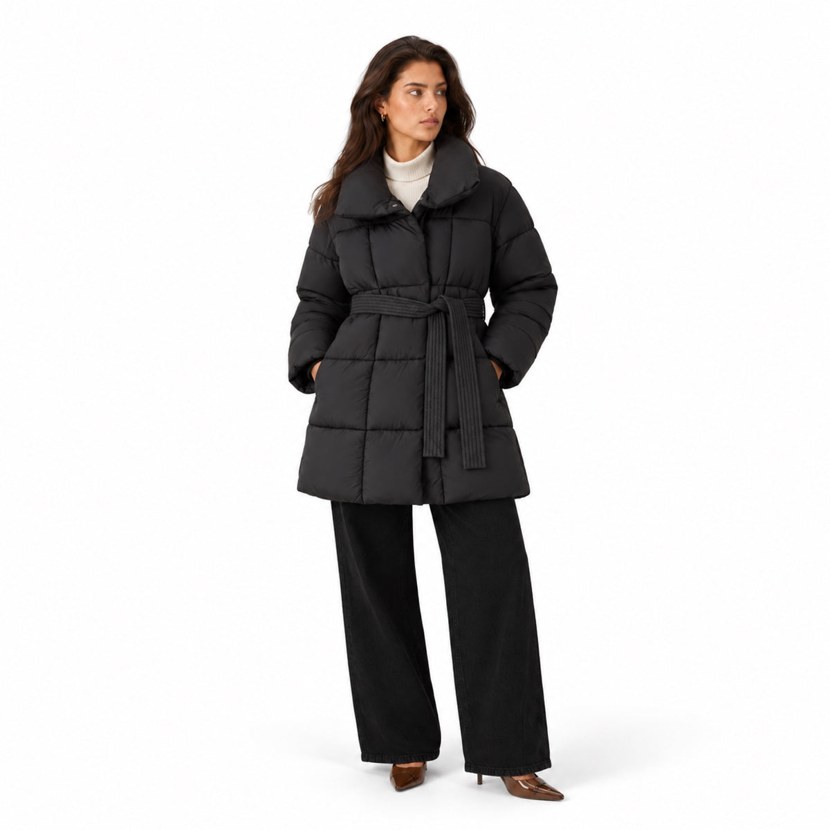 Women's Belted Puffer Coat Grid Quilted Tie Waist