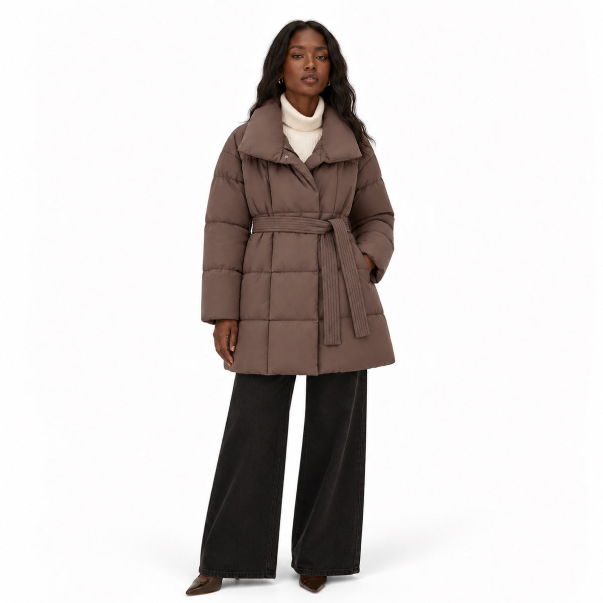 Women's Belted Puffer Coat Grid Quilted Tie Waist