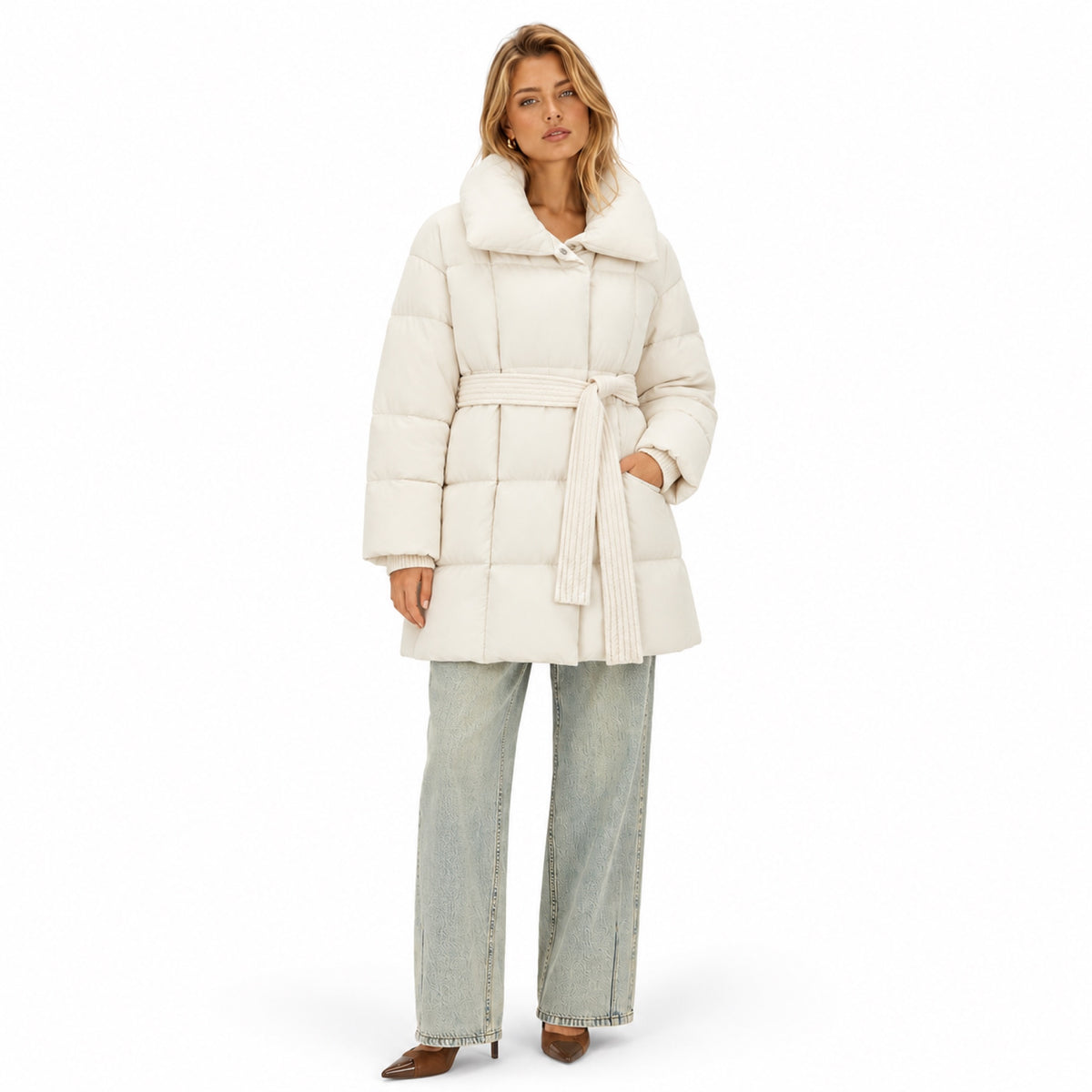 Women's Belted Puffer Coat Grid Quilted Tie Waist