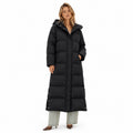 Women's ankle-length hooded puffer coat in Black - front view