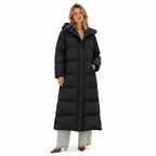 Women's ankle-length hooded puffer coat in Black - front view