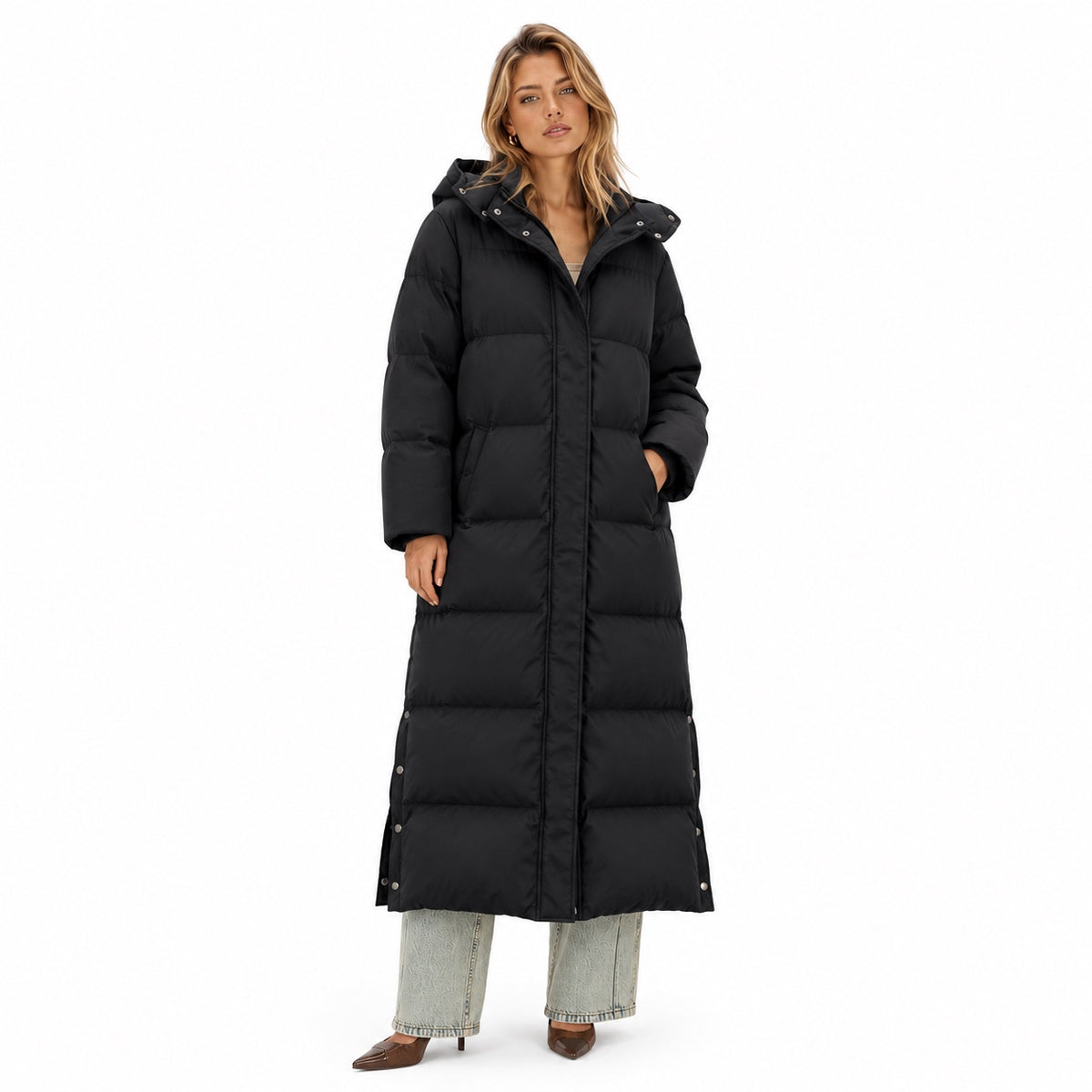 Women's ankle-length hooded puffer coat in Black - front view