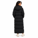 Women's ankle-length hooded puffer coat in Black - back view