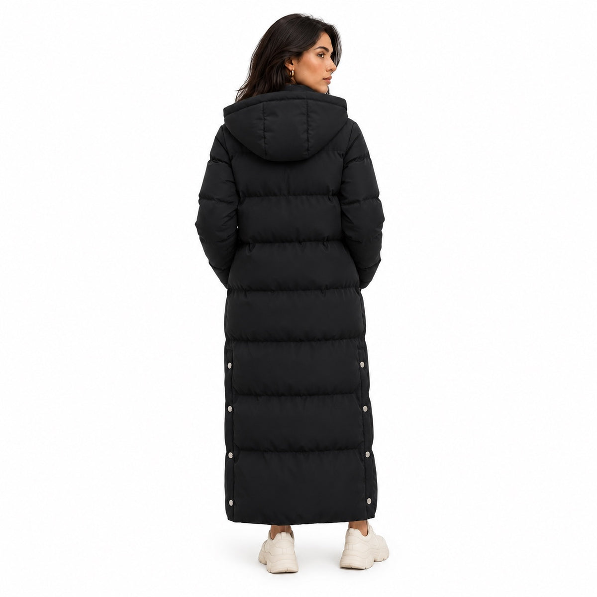 Women's ankle-length hooded puffer coat in Black - back view