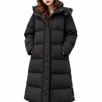 Women's ankle-length hooded puffer coat in Black - detail view