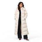Women's ankle-length hooded puffer coat in Beige - front view