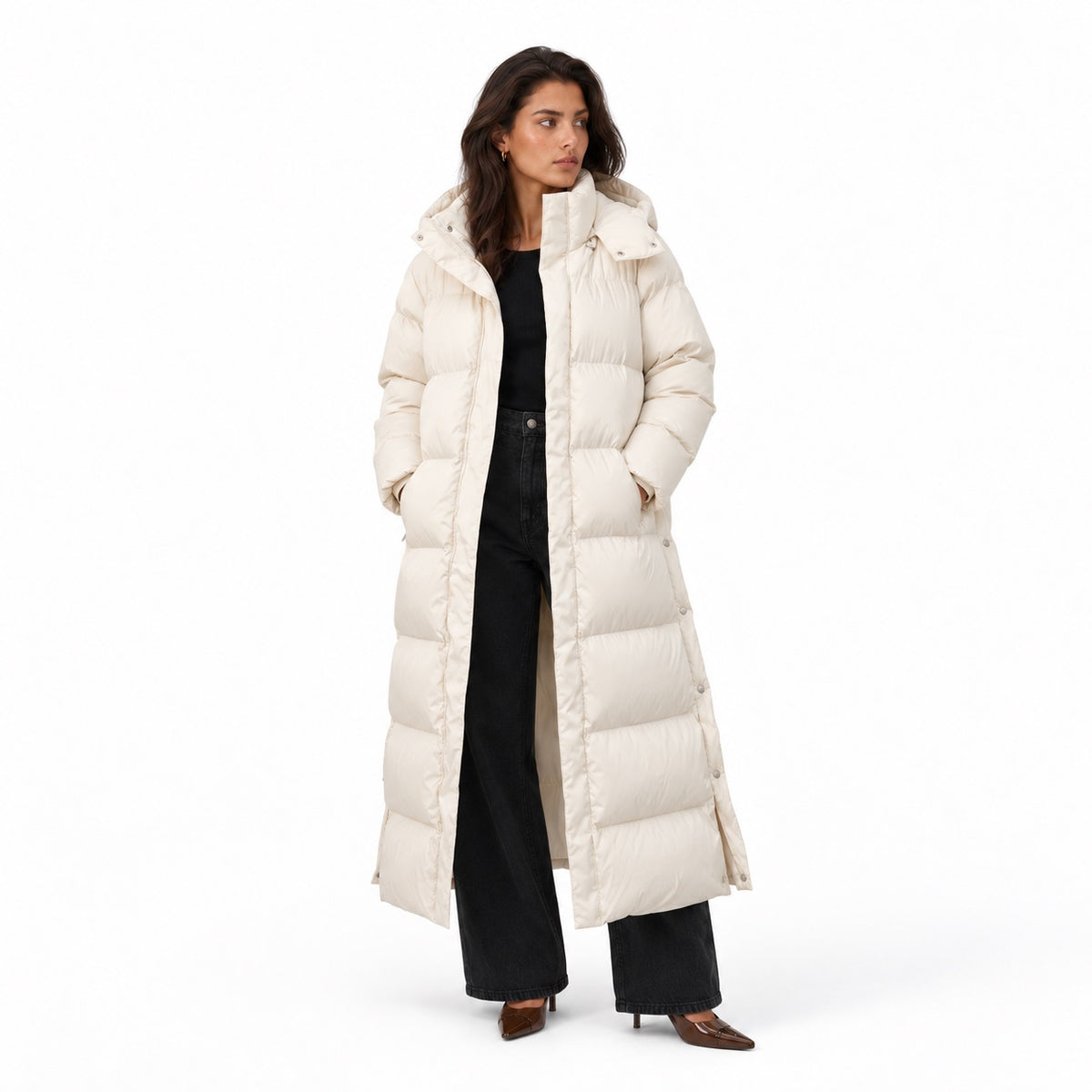 Women's ankle-length hooded puffer coat in Beige - front view