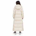 Women's ankle-length hooded puffer coat in Beige - back view